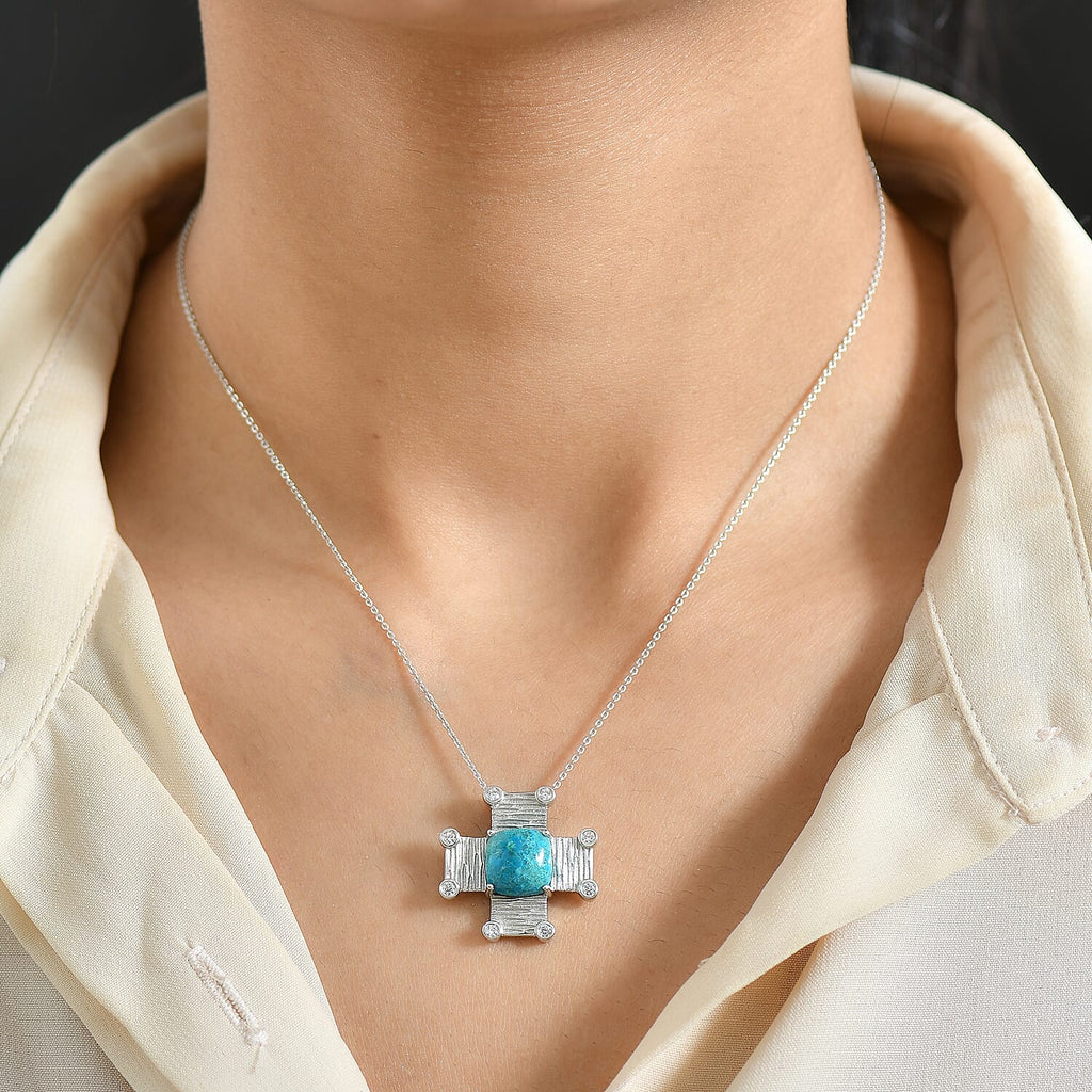 EverTrue Opalina & White Cubic Zirconia Pendant with Chain (Size 20) in Silver Tone 5.05 Ct.