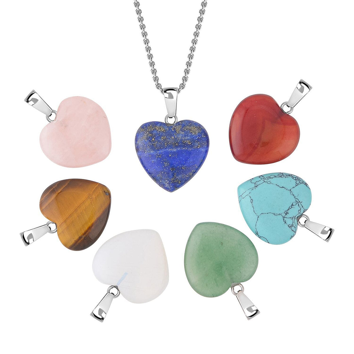 Set of 7 - Opalite, Blue Howlite and Multi Gemstone Heart Pendant With Stainless Steel Chain (Size 20) 10.50 Ct. 4123530 0