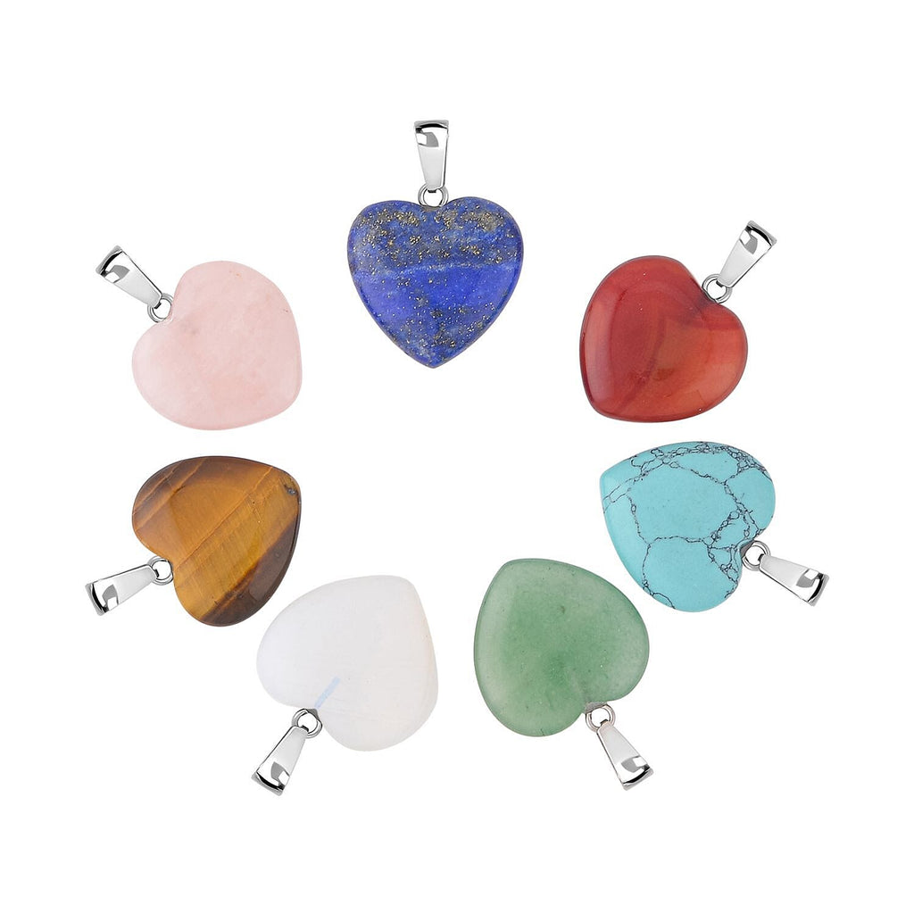 Set of 7 - Opalite, Blue Howlite and Multi Gemstone Heart Pendant With Stainless Steel Chain (Size 20) 10.50 Ct.