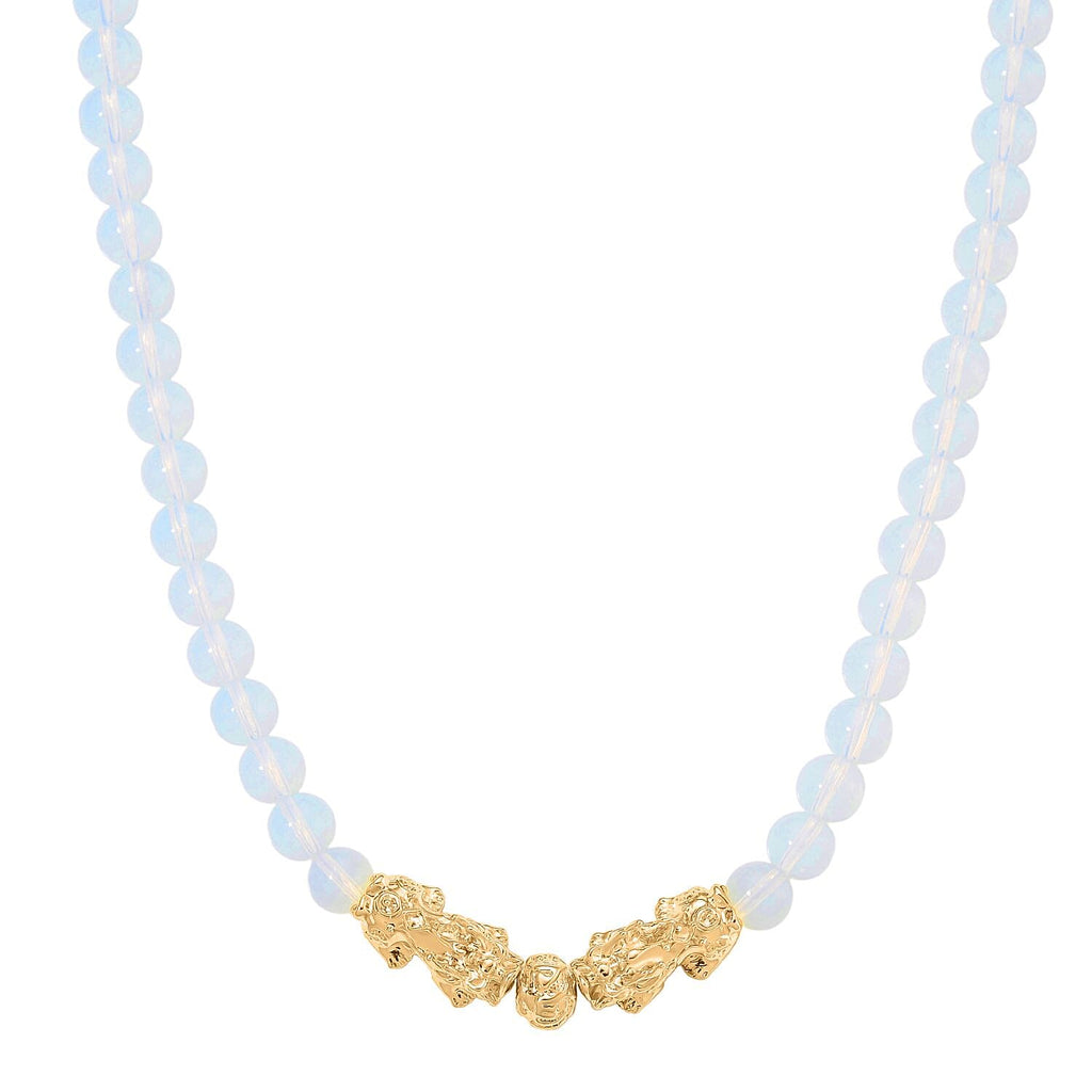 Opalite Beads & Pixiu Necklace (Size 18 - 2 Ext) in Yellow Gold Plated 330.00 Ct.