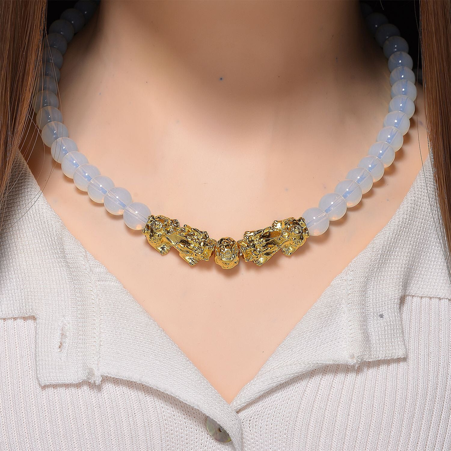 Opalite Beads, Pixiu Necklace (Size 18 - 2 Ext) in Yellow Goldtone 330.00 Ct. V32515575 1