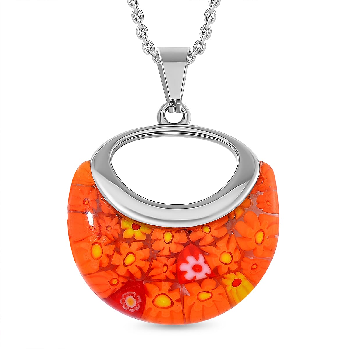 Orange Colour Murano Glass Pendant with Chain (Size - 24) with Clasp in Stainless Steel V32530369 0