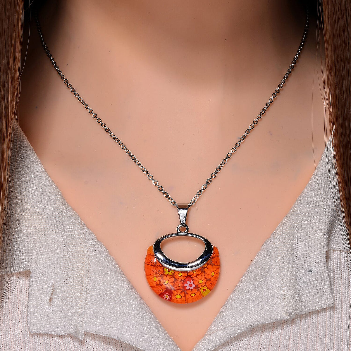 Orange Colour Murano Glass Pendant with Chain (Size - 24) with Clasp in Stainless Steel V32530369 2