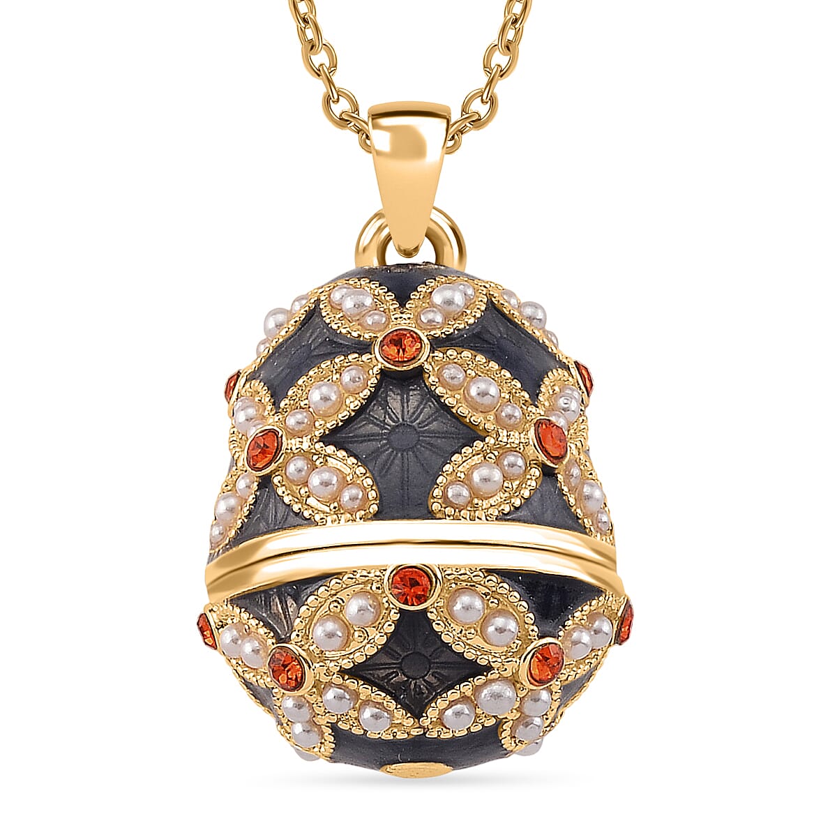 The Luxury Egg Collection - Orange Crystal &amp; Simulated Pearl Egg Pendant with Chain (Size 24+2 Ext) - Grey V32528763 0
