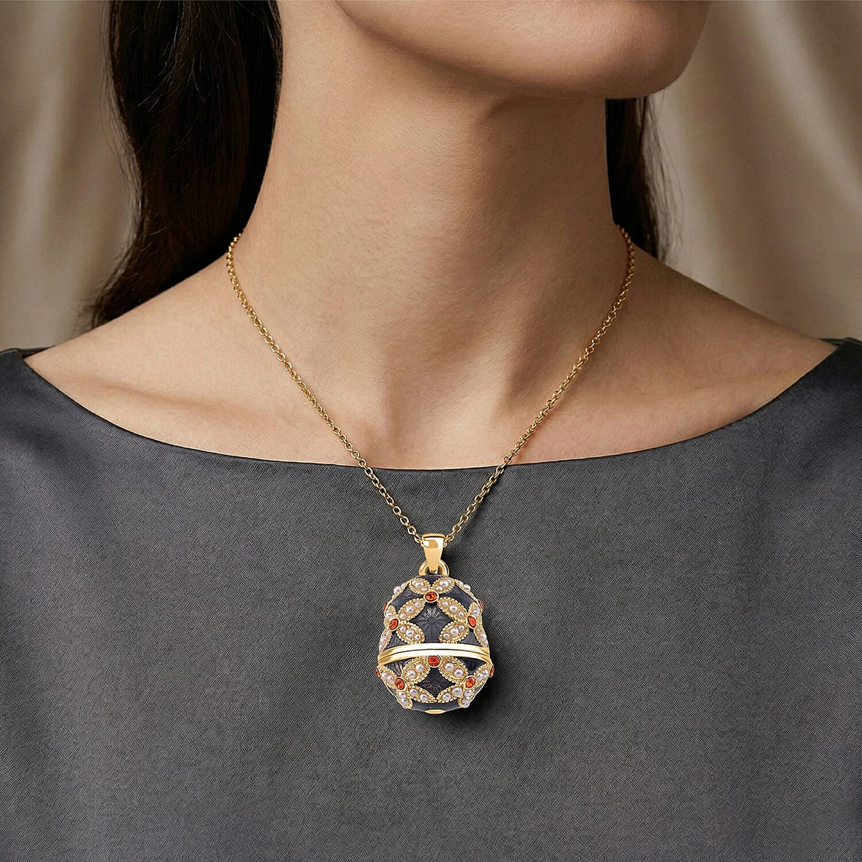 The Luxury Egg Collection - Orange Crystal &amp; Simulated Pearl Egg Pendant with Chain (Size 24+2 Ext) - Grey V32528763 2