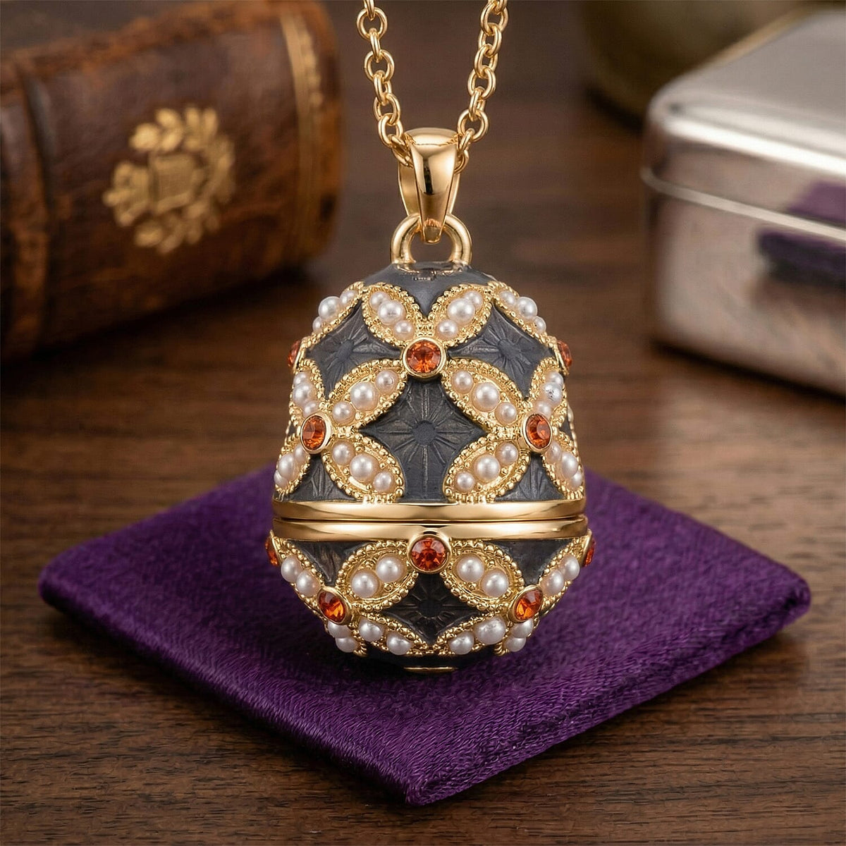 The Luxury Egg Collection - Orange Crystal &amp; Simulated Pearl Egg Pendant with Chain (Size 24+2 Ext) - Grey V32528763 3