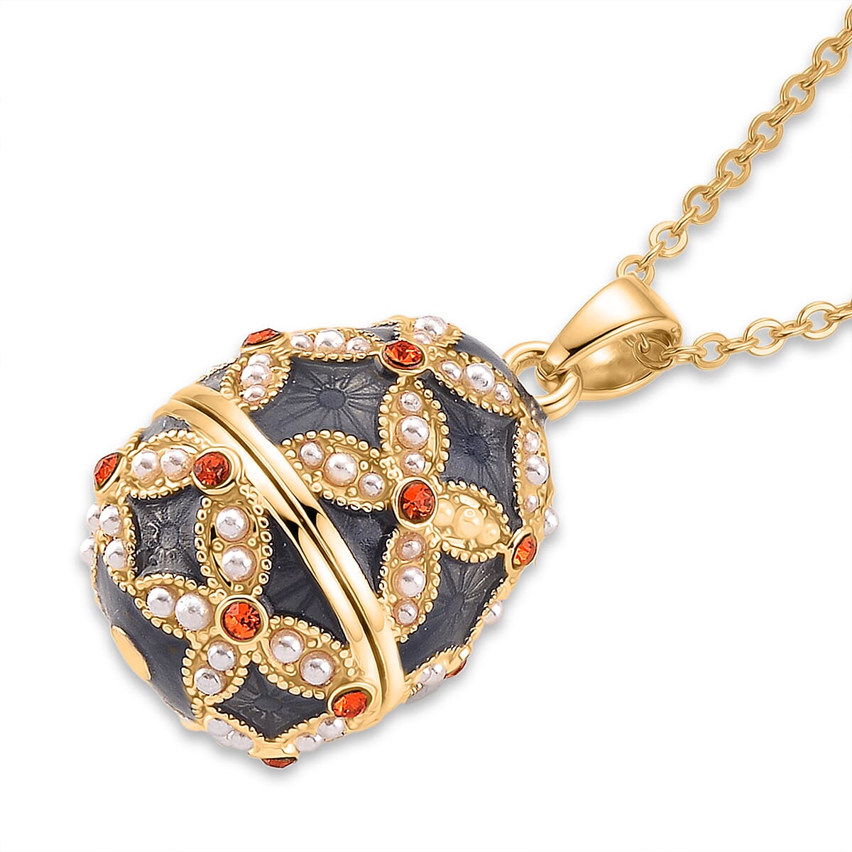 The Luxury Egg Collection - Orange Crystal &amp; Simulated Pearl Egg Pendant with Chain (Size 24+2 Ext) - Grey V32528763 4