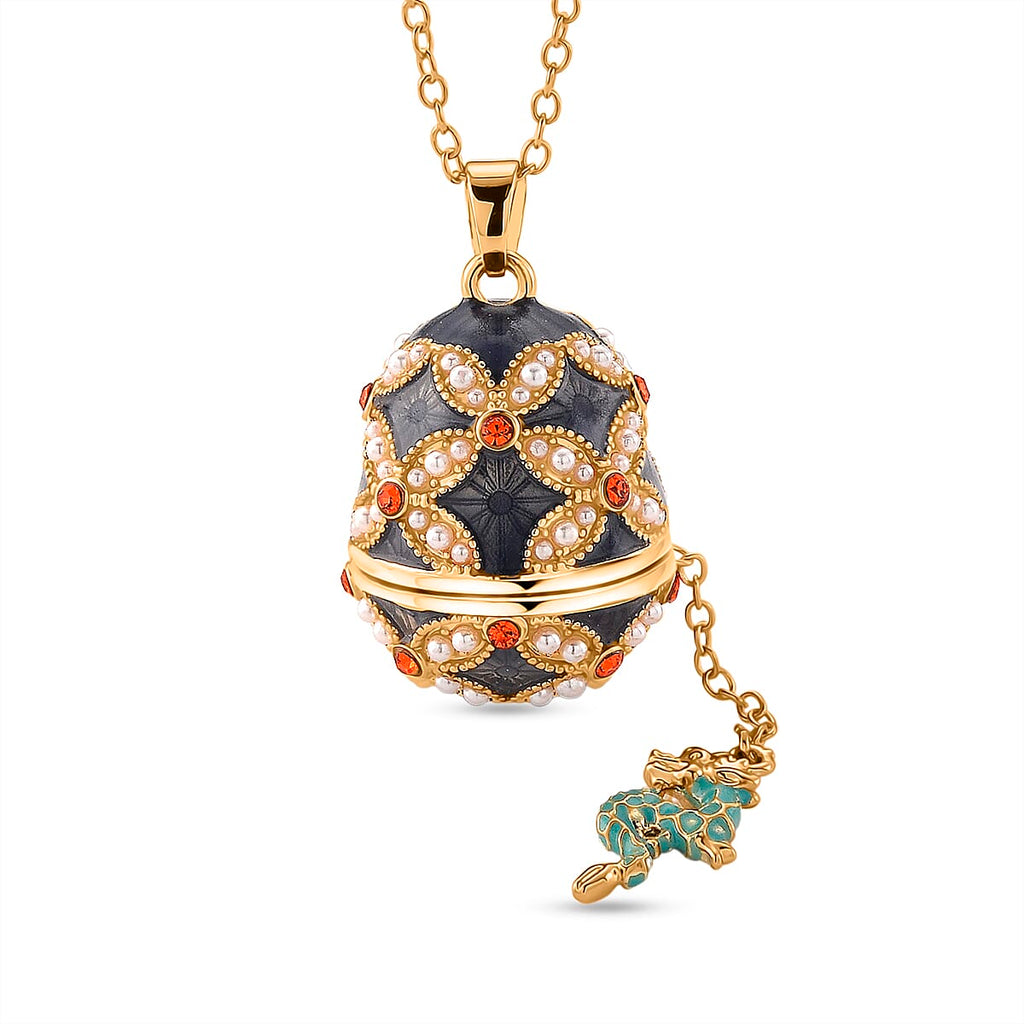 The Luxury Egg Collection - Orange Crystal & Simulated Pearl Egg Pendant with Chain (Size 24-2 Ext) - Grey