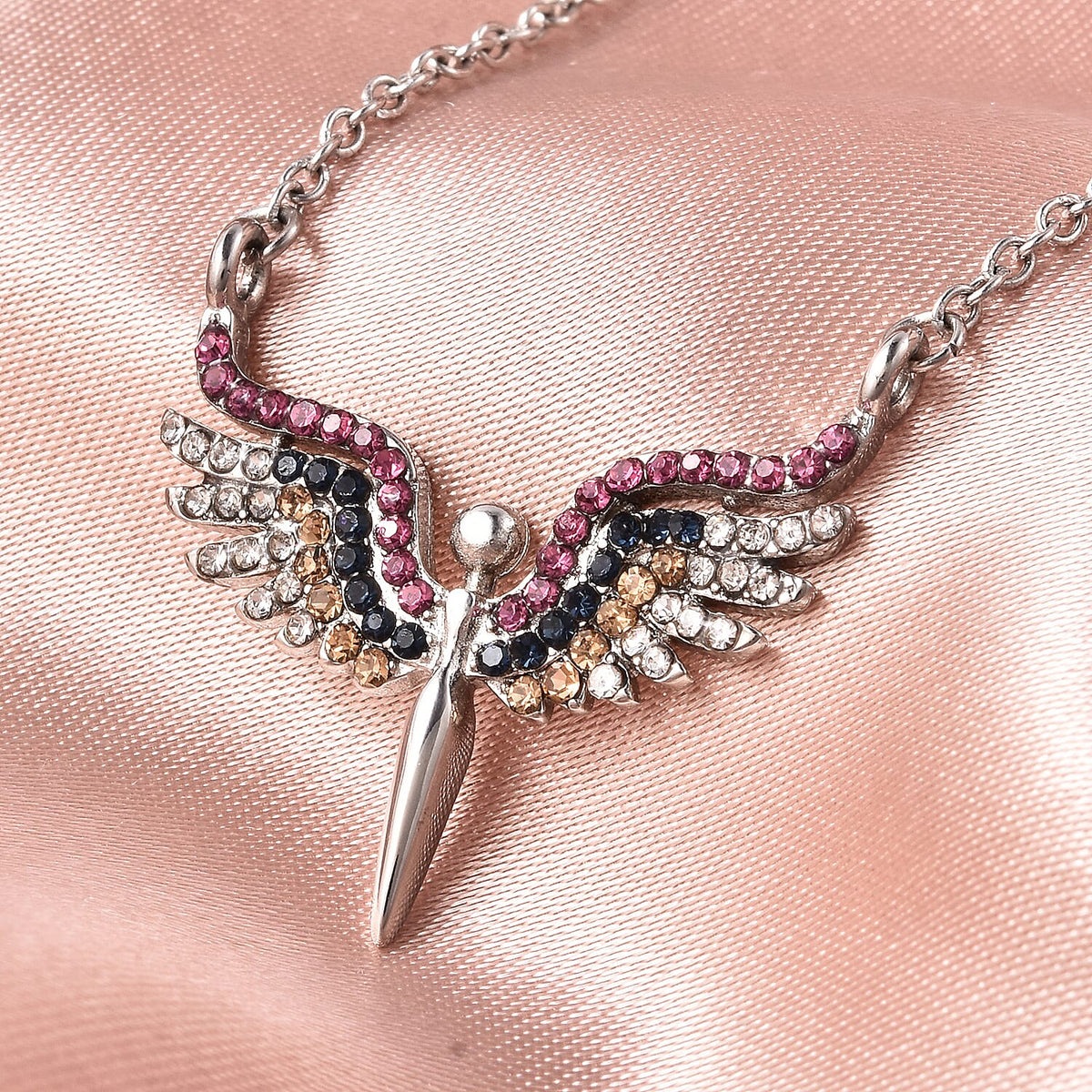 Orange Cubic Zirconia Angel with Wings Necklace in Silver Tone 6020159 2