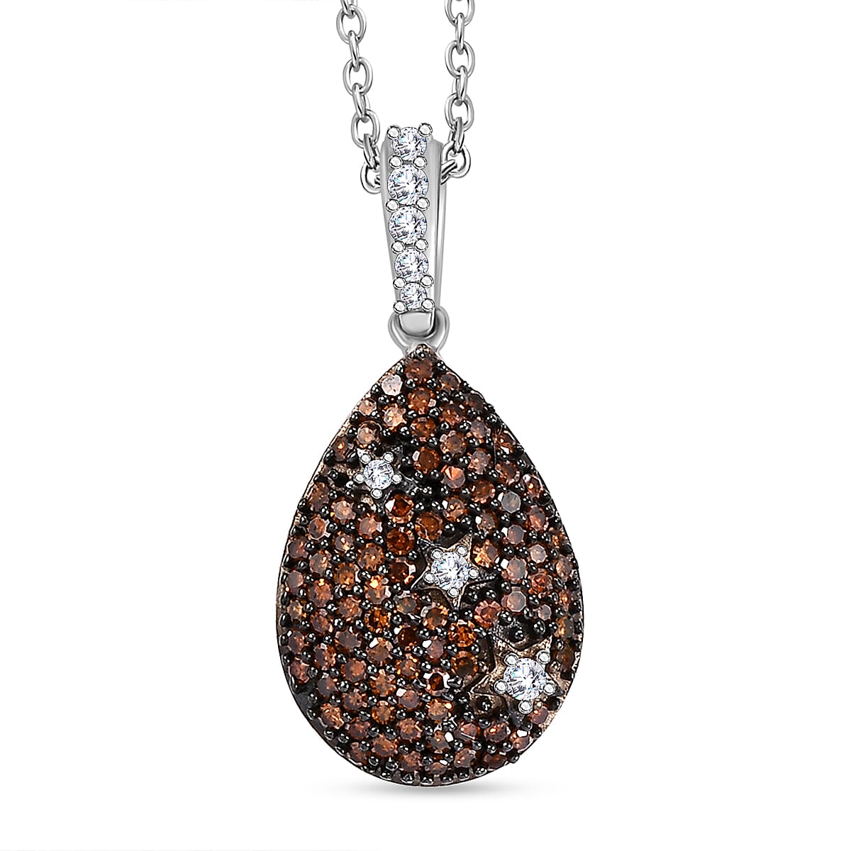 Orange Red Diamond &amp; White Natural Diamond Pendant with Chain (Size 20) in Rhodium Overlay Sterling Silver V32521705 0