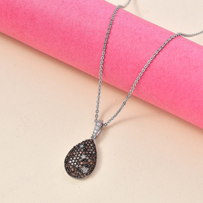 Orange Red Diamond &amp; White Natural Diamond Pendant with Chain (Size 20) in Rhodium Overlay Sterling Silver 4325814 2