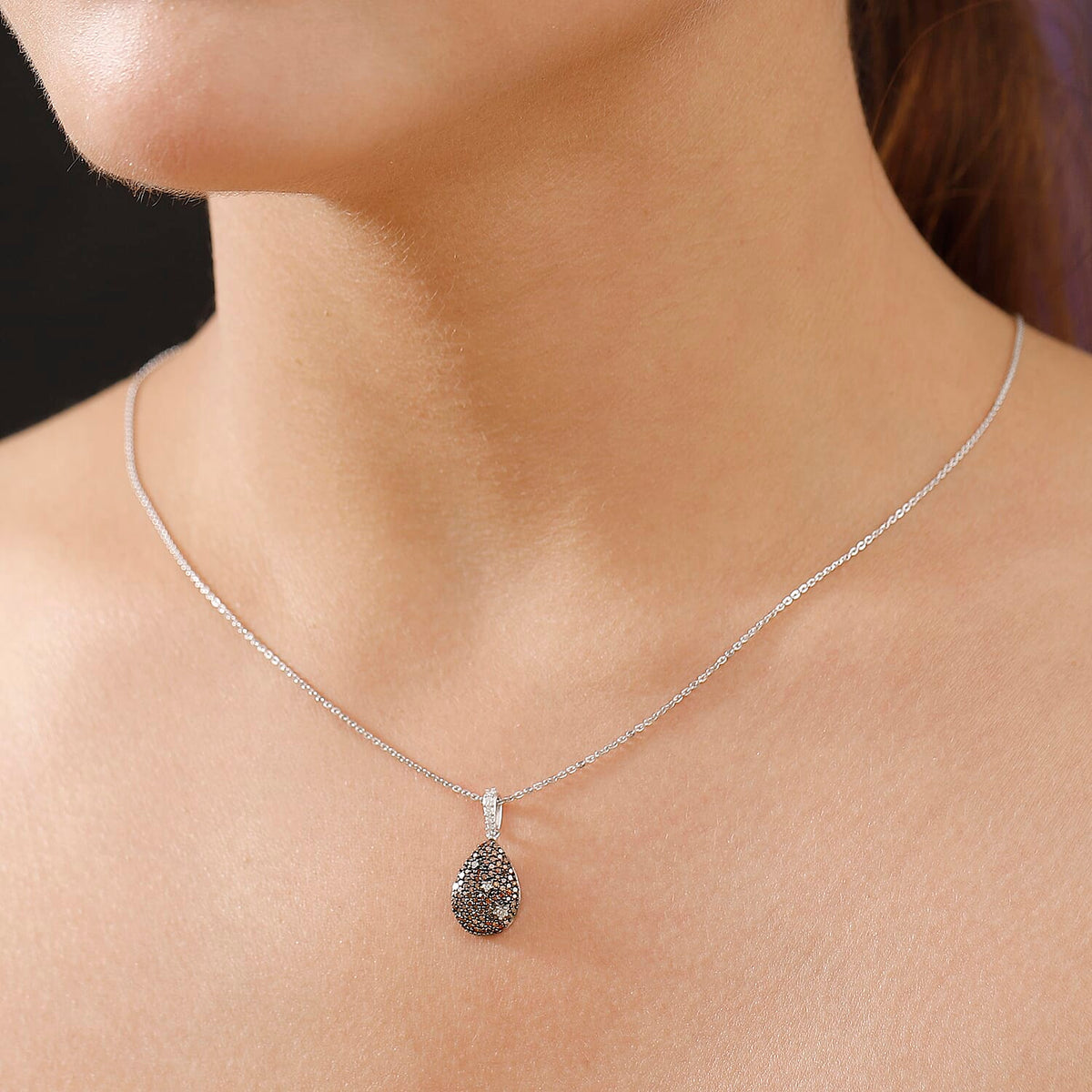 Orange Red Diamond &amp; White Natural Diamond Pendant with Chain (Size 20) in Rhodium Overlay Sterling Silver V32521705 3