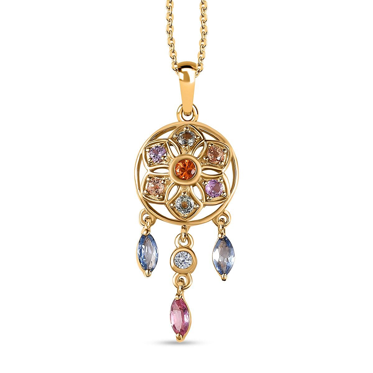 Orange Sapphire, Multi Sapphire &amp; Natural Zircon Dream Catcher Pendant with Chain (Size - 20) in 18K Vermeil Yellow Gold Plated Sterling Silver 1.64 Ct. 4208127 0