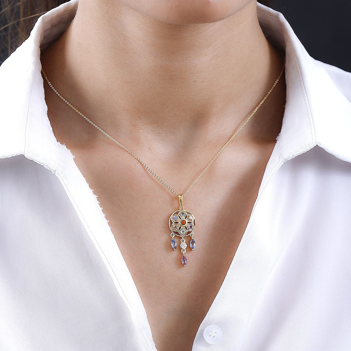 Orange Sapphire, Multi Sapphire &amp; Natural Zircon Dream Catcher Pendant with Chain (Size - 20) in 18K Vermeil Yellow Gold Plated Sterling Silver 1.64 Ct. 4208127 2