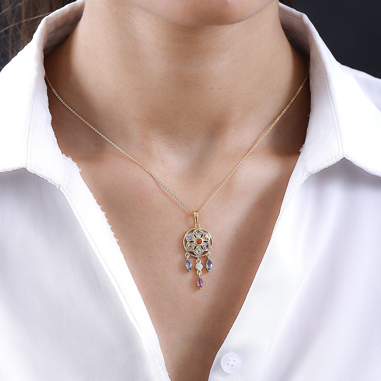 Orange Sapphire, Multi Sapphire &amp; Natural Zircon Dream Catcher Pendant with Chain (Size - 20) in 18K Vermeil Yellow Gold Plated Sterling Silver 1.64 Ct. 4208127 2