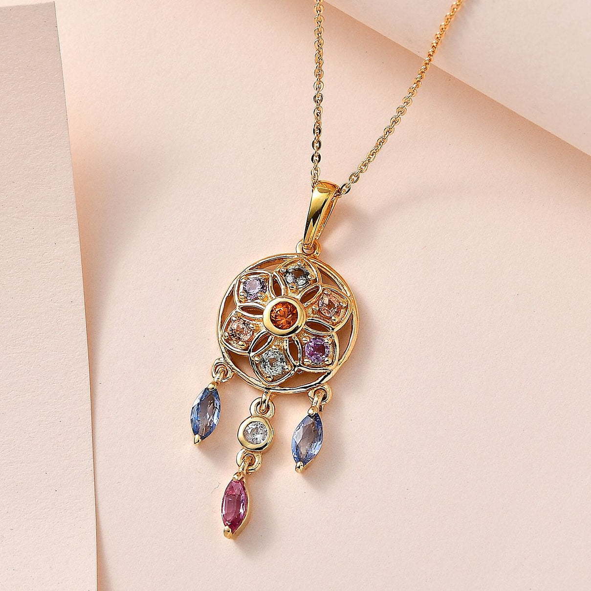 Orange Sapphire, Multi Sapphire &amp; Natural Zircon Dream Catcher Pendant with Chain (Size - 20) in 18K Vermeil Yellow Gold Plated Sterling Silver 1.64 Ct. 4208127 3