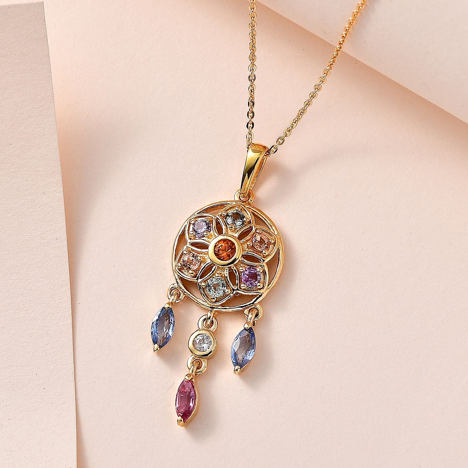 Orange Sapphire, Multi Sapphire &amp; Natural Zircon Dream Catcher Pendant with Chain (Size - 20) in 18K Vermeil Yellow Gold Plated Sterling Silver 1.64 Ct. 4208127 3