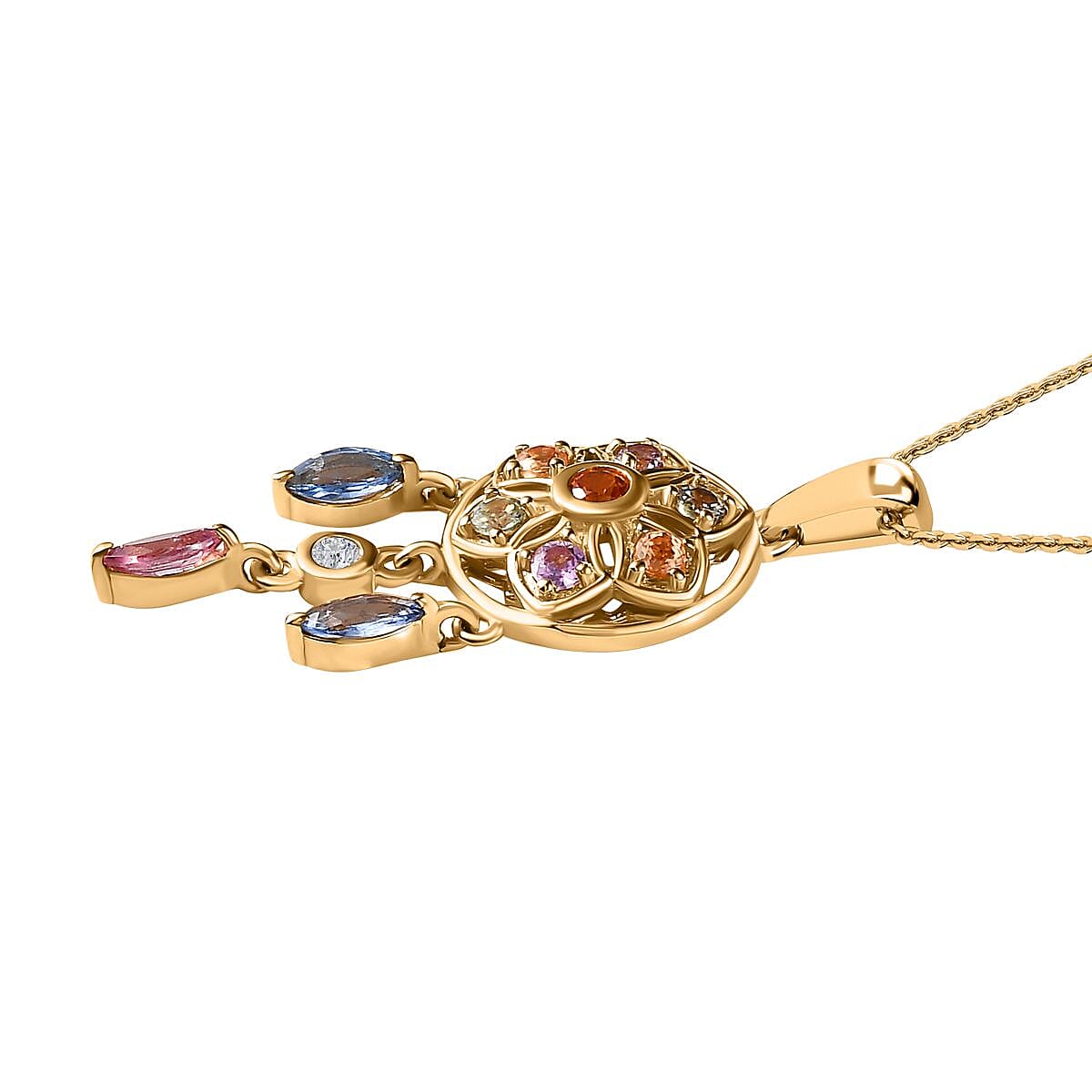Orange Sapphire, Multi Sapphire &amp; Natural Zircon Dream Catcher Pendant with Chain (Size - 20) in 18K Vermeil Yellow Gold Plated Sterling Silver 1.64 Ct. 4208127 4
