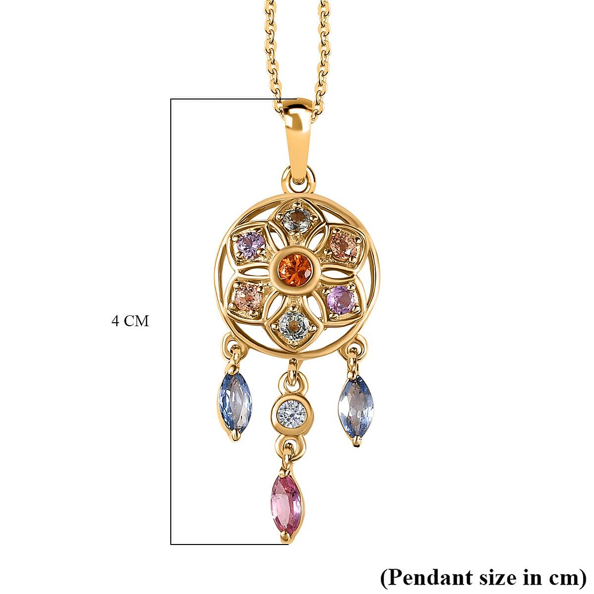 Orange Sapphire, Multi Sapphire &amp; Natural Zircon Dream Catcher Pendant with Chain (Size - 20) in 18K Vermeil Yellow Gold Plated Sterling Silver 1.64 Ct. 4208127 7