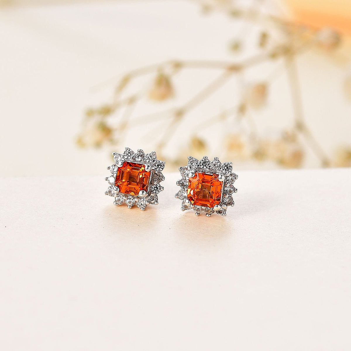 Orange Sapphire, White Zircon Halo Earrings in Rhodium Overlay Sterling Silver 7796233 2