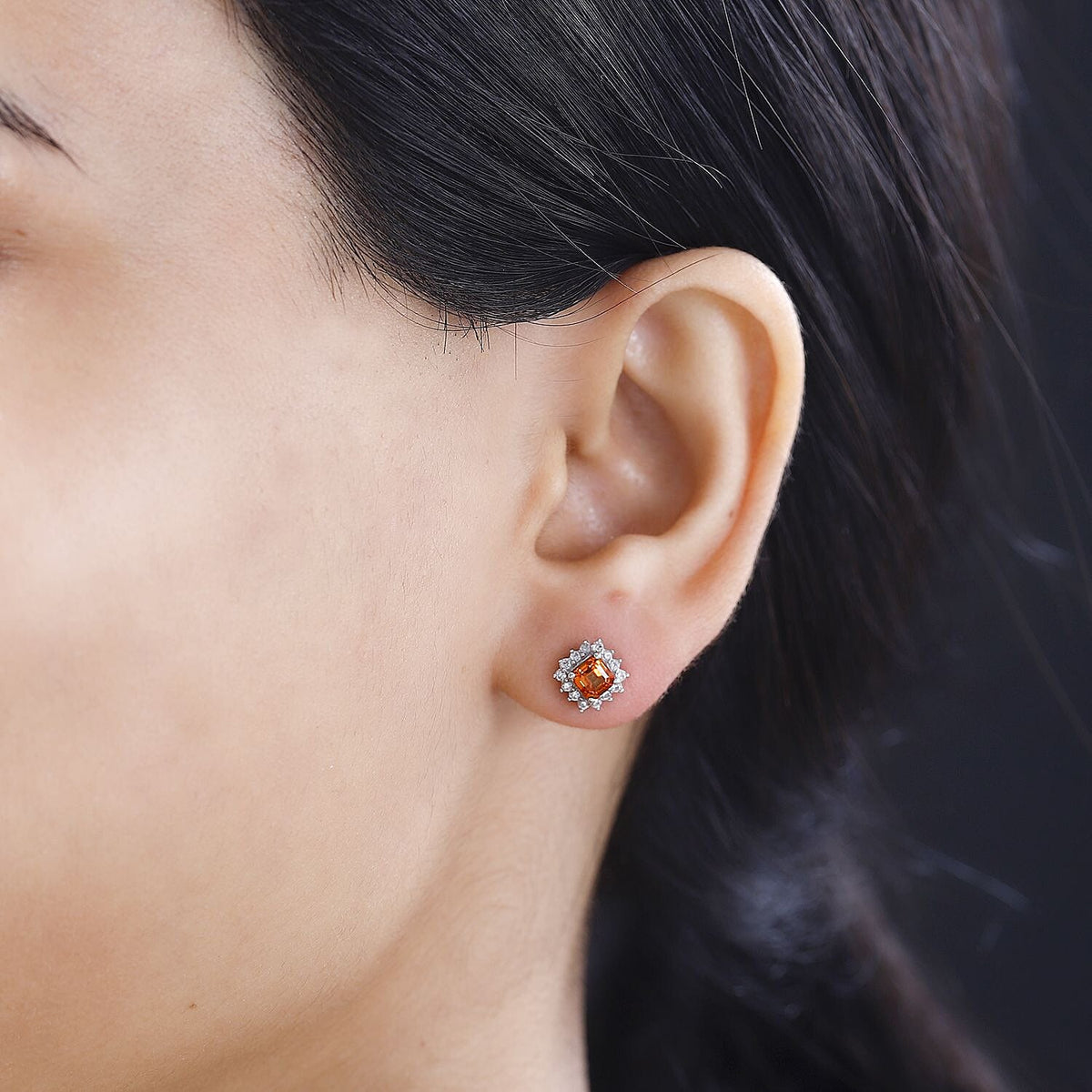 Orange Sapphire, White Zircon Halo Earrings in Rhodium Overlay Sterling Silver 7796233 3