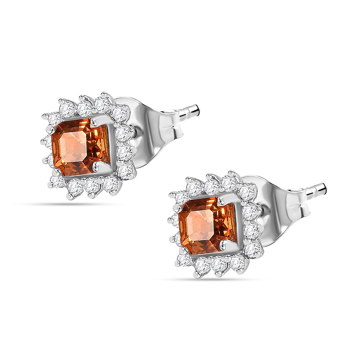 Orange Sapphire, White Zircon Halo Earrings in Rhodium Overlay Sterling Silver 7796233 4