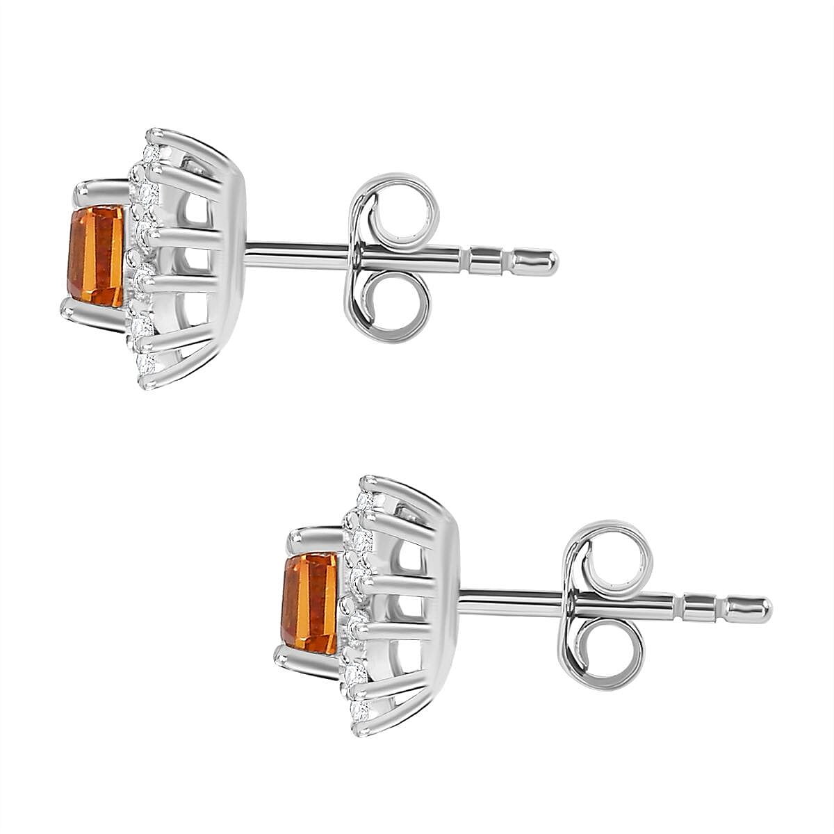 Orange Sapphire, White Zircon Halo Earrings in Rhodium Overlay Sterling Silver 7796233 5