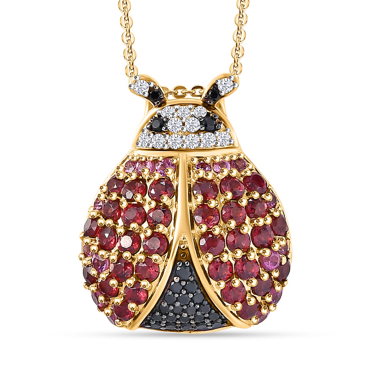 GP Collection - Orissa Rose Garnet, Lotus Garnet, Black Spinel, White Zircon Ladybug Pendant with Chain (Size 20) in 18K Yellow Gold Vermeil Sterling Silver 4297131 0