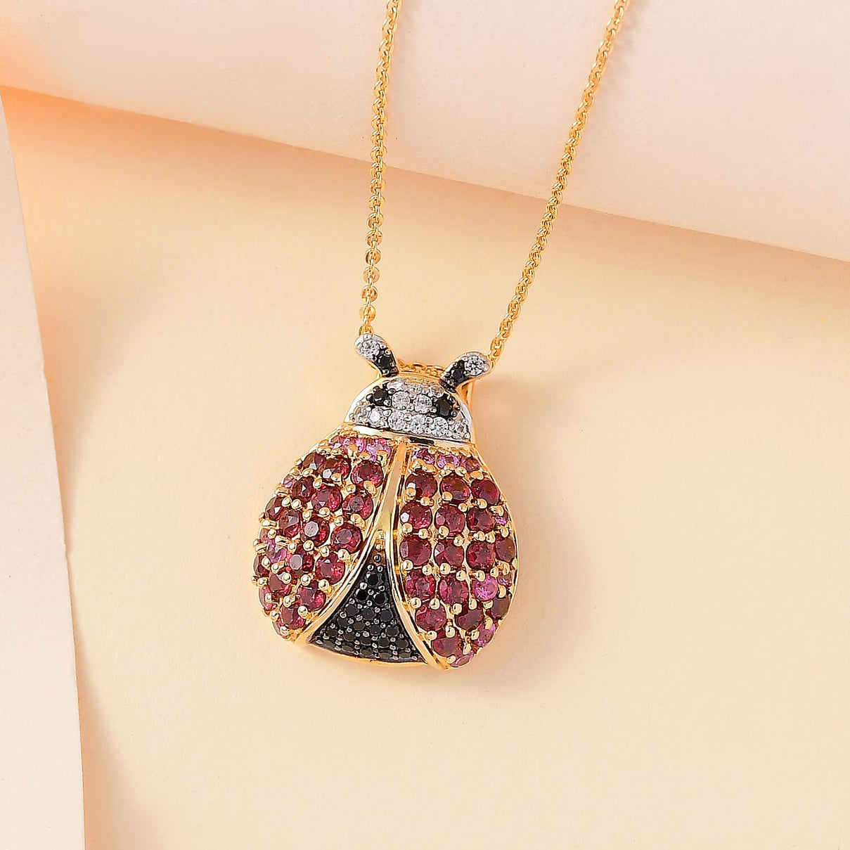 GP Collection - Orissa Rose Garnet, Lotus Garnet, Black Spinel, White Zircon Ladybug Pendant with Chain (Size 20) in 18K Yellow Gold Vermeil Sterling Silver 4297131 1