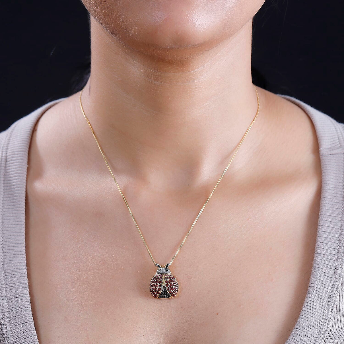 GP Collection - Orissa Rose Garnet, Lotus Garnet, Black Spinel, White Zircon Ladybug Pendant with Chain (Size 20) in 18K Yellow Gold Vermeil Sterling Silver 4297131 2