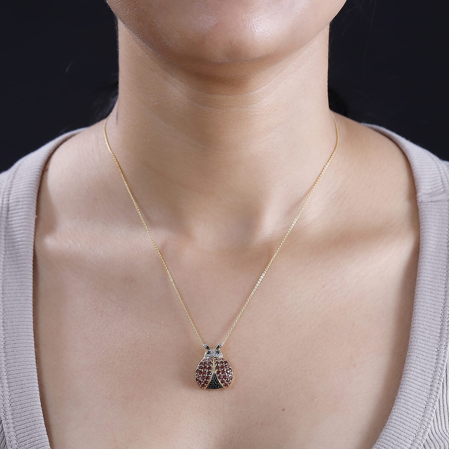 GP Collection - Orissa Rose Garnet, Lotus Garnet, Black Spinel, White Zircon Ladybug Pendant with Chain (Size 20) in 18K Yellow Gold Vermeil Sterling Silver 4297131 2