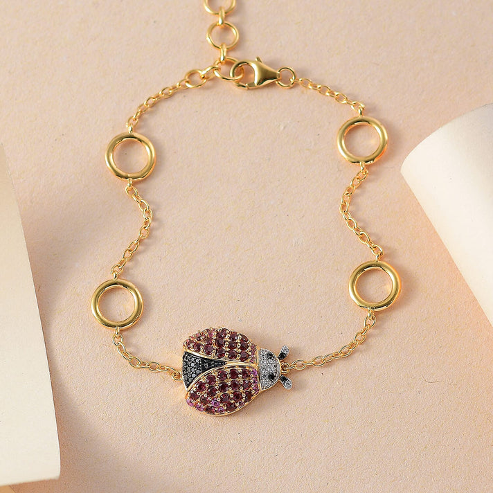 GP Italian Garden Collection - Lady Luck Rose and Lotus Garnet, Black Spinel and Zircon Ladybug Bracelet (Size 7.5) in 18K Vermeil Yellow Gold Plated Sterling Silver 7853505 2