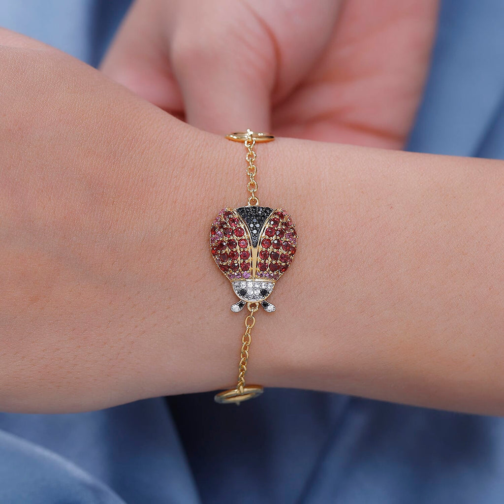 GP Italian Garden Collection - Lady Luck Rose & Lotus Garnet, Black Spinel & Zircon Ladybug Bracelet (Size 7.5) in 18K Vermeil Yellow Gold Plated Sterling Silver 2.36 Ct
