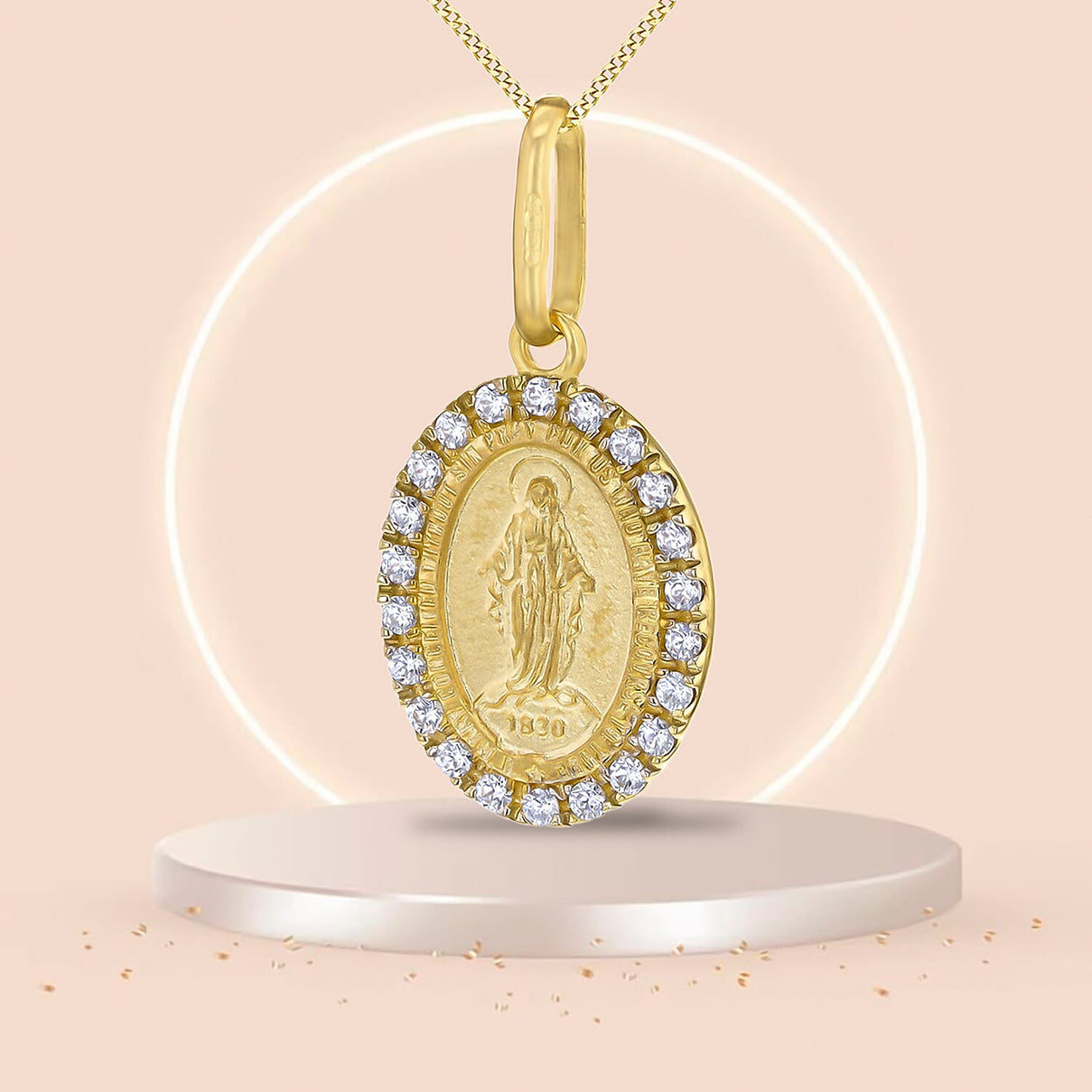 Oval Holy Mary With Cubic Zirconia Pendant 9K Yellow Gold 7568367 1