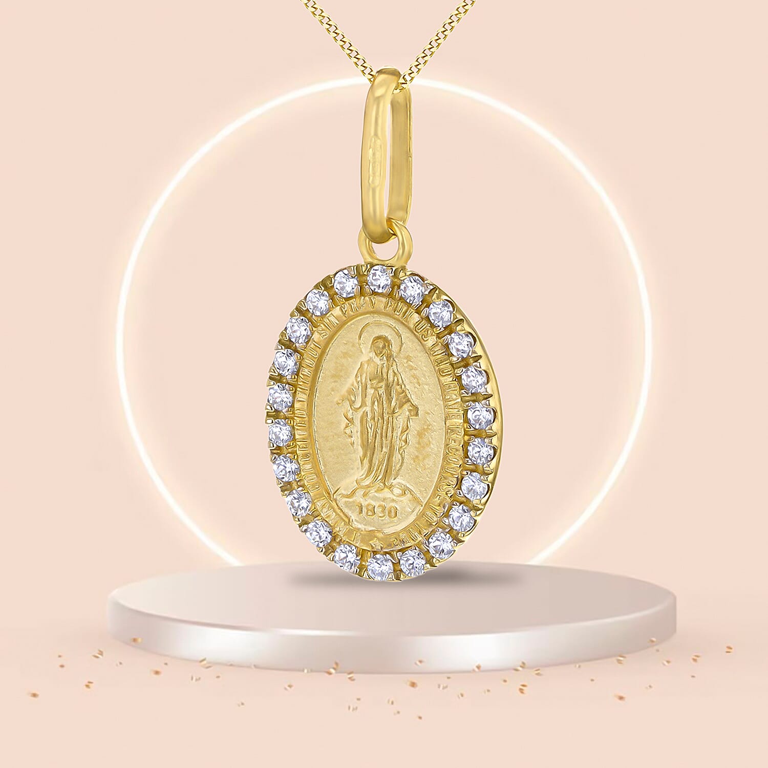Oval Holy Mary With Cubic Zirconia Pendant 9K Yellow Gold 7568367 1