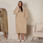 Oversized Sherpa Fleece Teddy Hoodie-Blanket - Beige