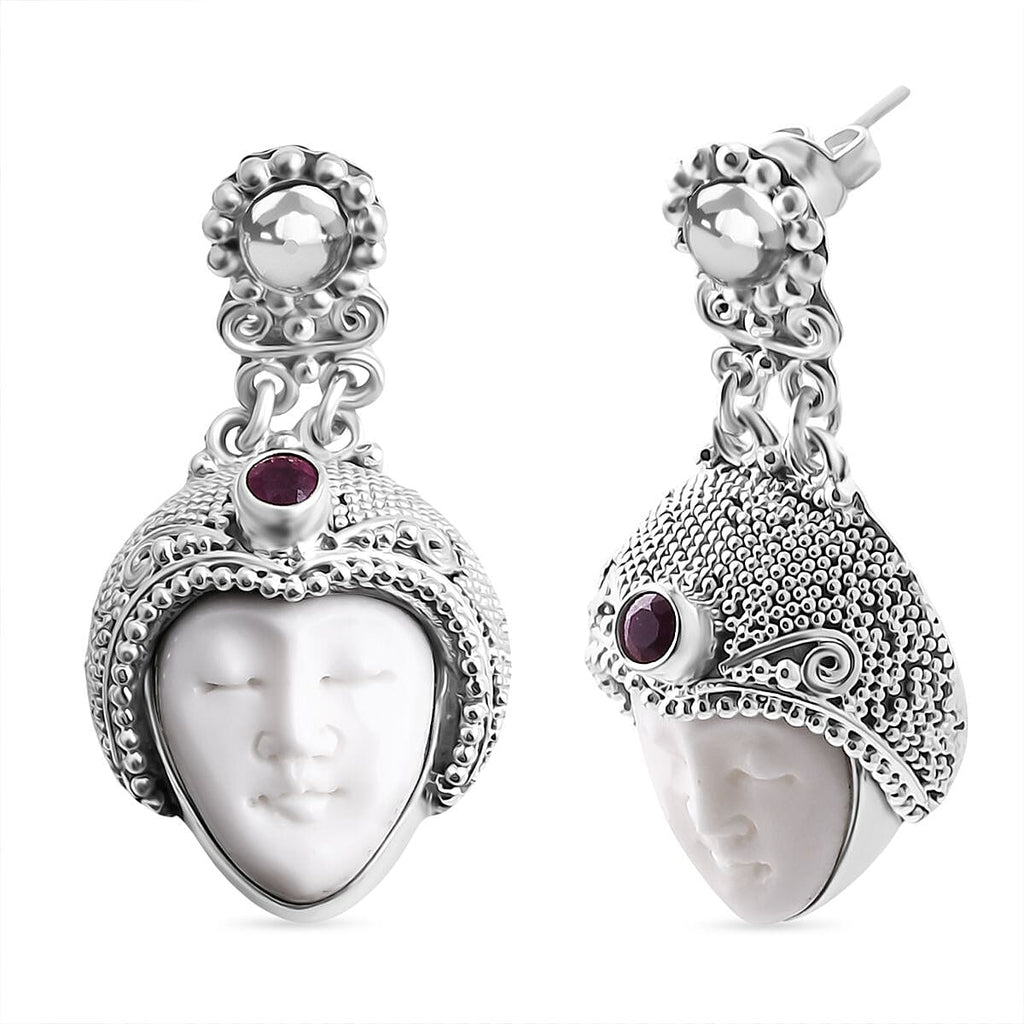 Royal Bali Collection - Ox Bone & Fissure Filled Ruby Goddess Earring with Push Back in Sterling Silver 14.76 Ct, Silver Wt. 20.35 Gms.