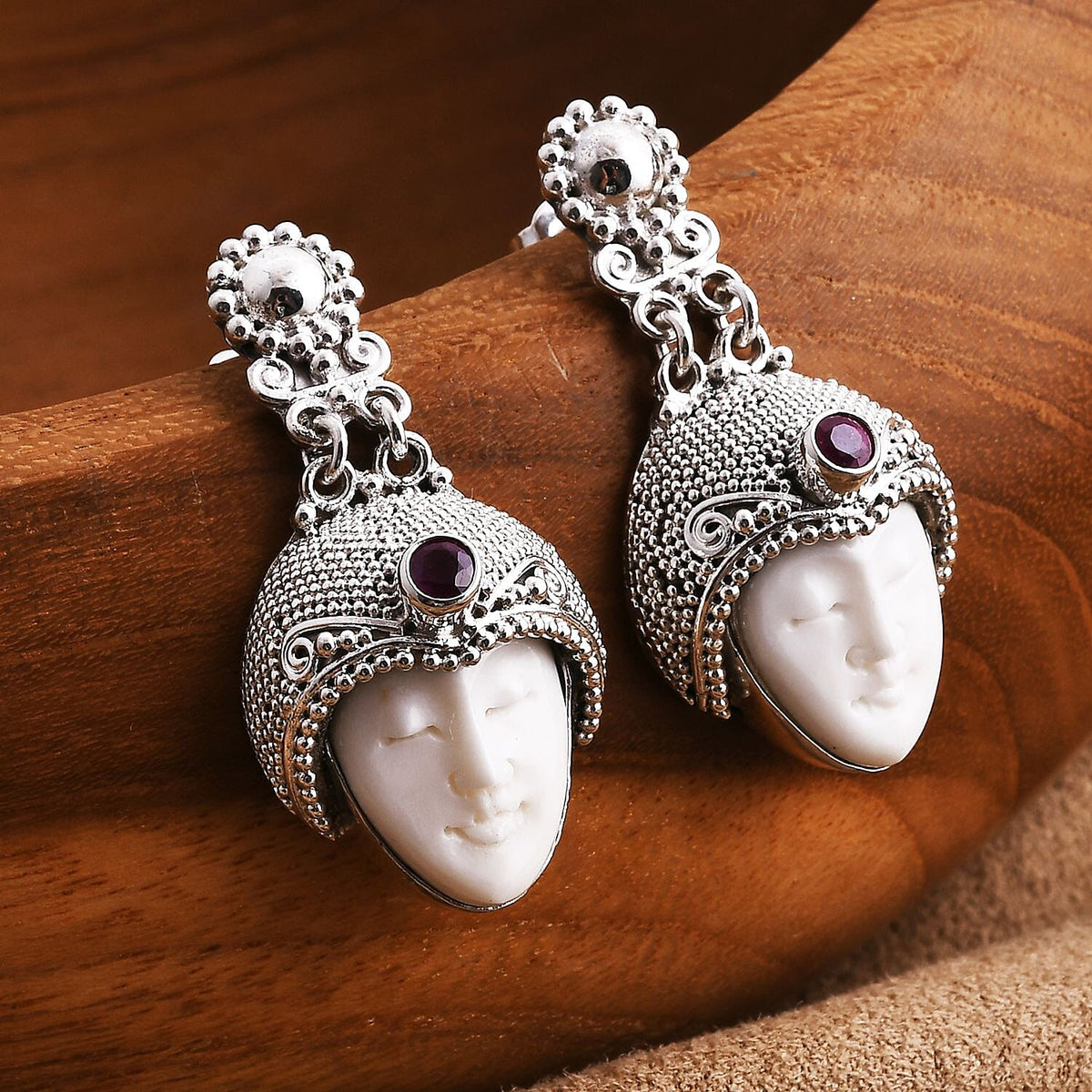 D'joy Royal Bali Collection Ox Bone and Fissure Filled Ruby Goddess Earring with Push Back in Sterling Silver 14.76 Ct. V32521768 1