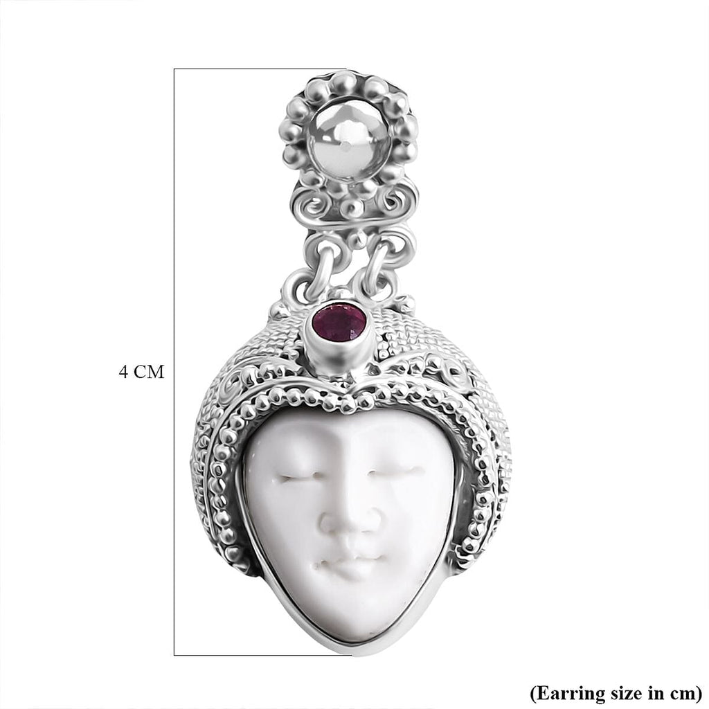 Royal Bali Collection - Ox Bone & Fissure Filled Ruby Goddess Earring with Push Back in Sterling Silver 14.76 Ct, Silver Wt. 20.35 Gms.