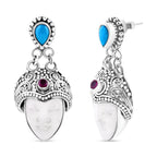 Royal Bali - Princess Bali Collection - Handmade Ox Bone, Red Garnet  & Sleeping Beauty Turquoise Goddess Earring  Sterling Silver , Silver Wt. 12.5 Gms