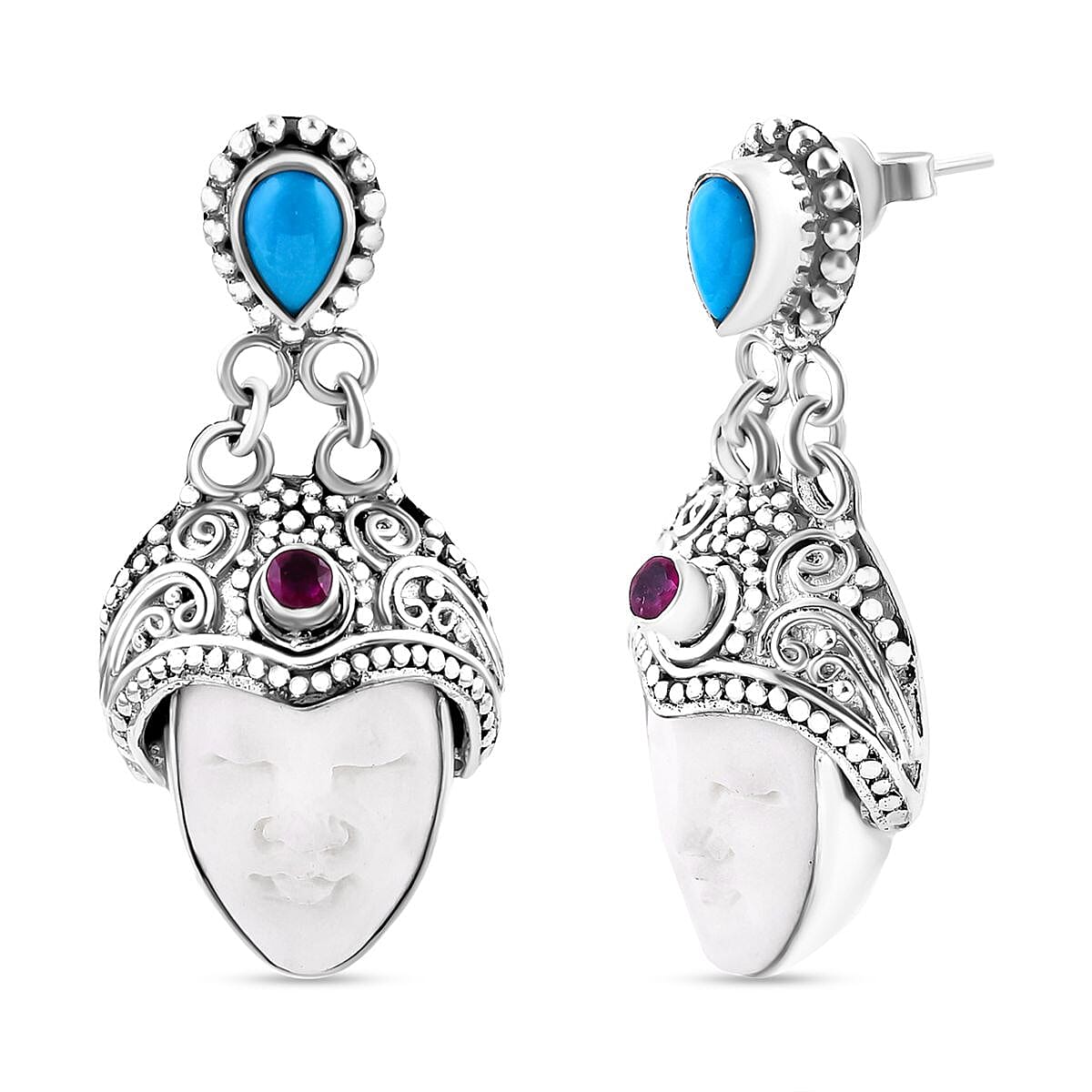Royal Bali - Princess Bali Collection - Handmade Ox Bone, Red Garnet and Sleeping Beauty Turquoise Goddess Earring Sterling Silver, Silver Wt. 12.5 Gms 7749572 0