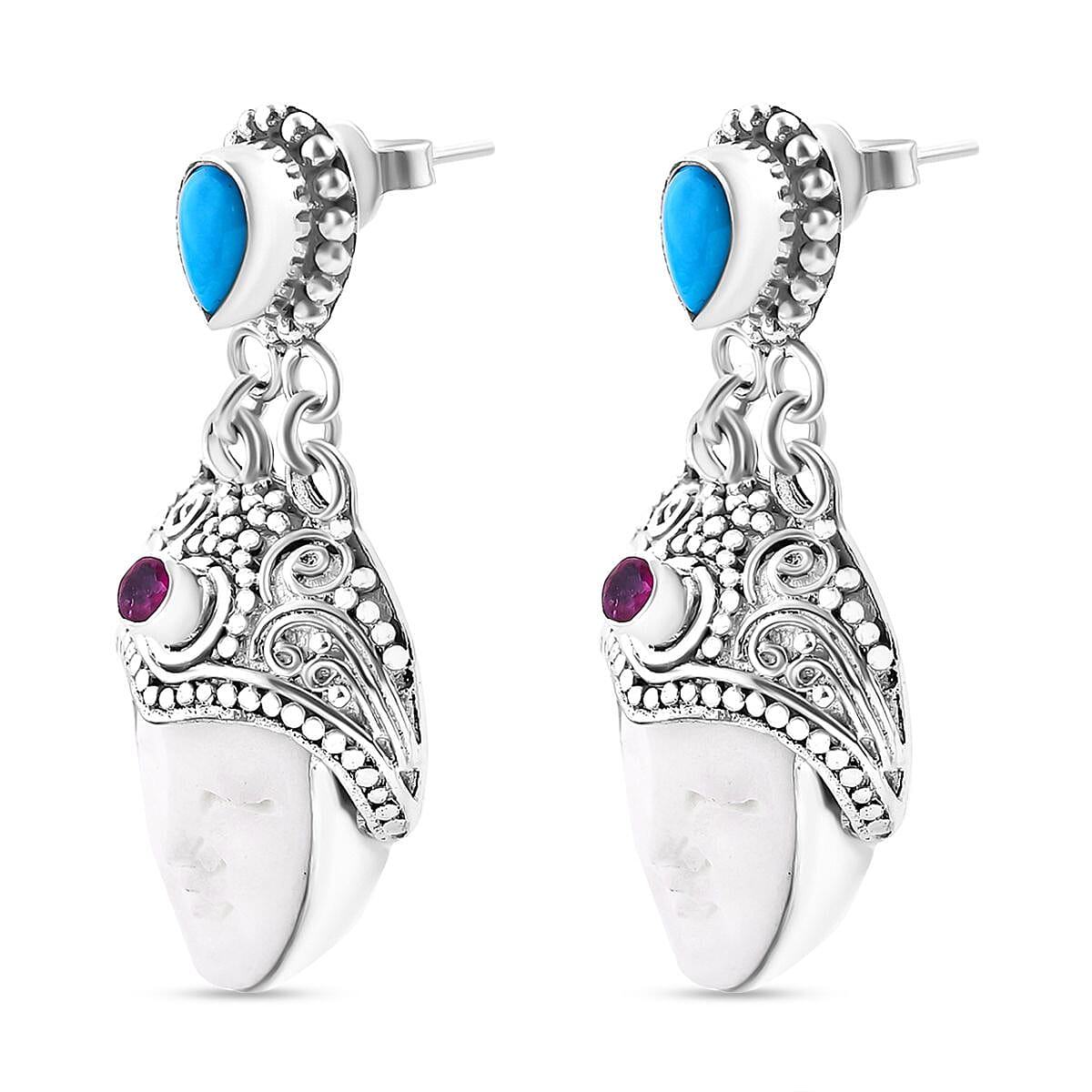 Royal Bali - Princess Bali Collection - Handmade Ox Bone, Red Garnet and Sleeping Beauty Turquoise Goddess Earring Sterling Silver, Silver Wt. 12.5 Gms 7749572 3