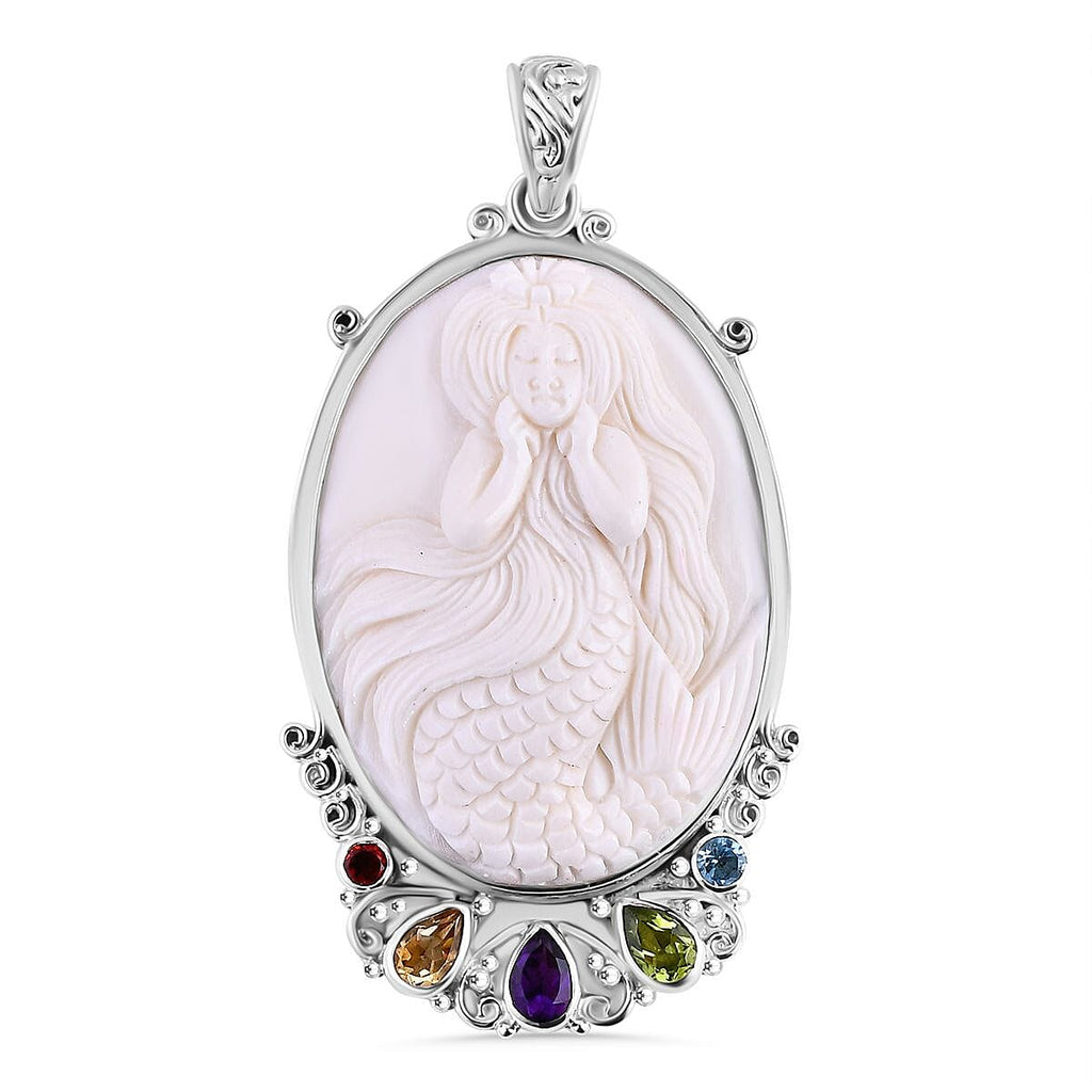 The Royal Bali Princess Collection - Carved Ox Bone & Multi Gemstones Pendant Sterling Silver Silver 1.80 Ct, Silver Wt. 8.45 Gms.