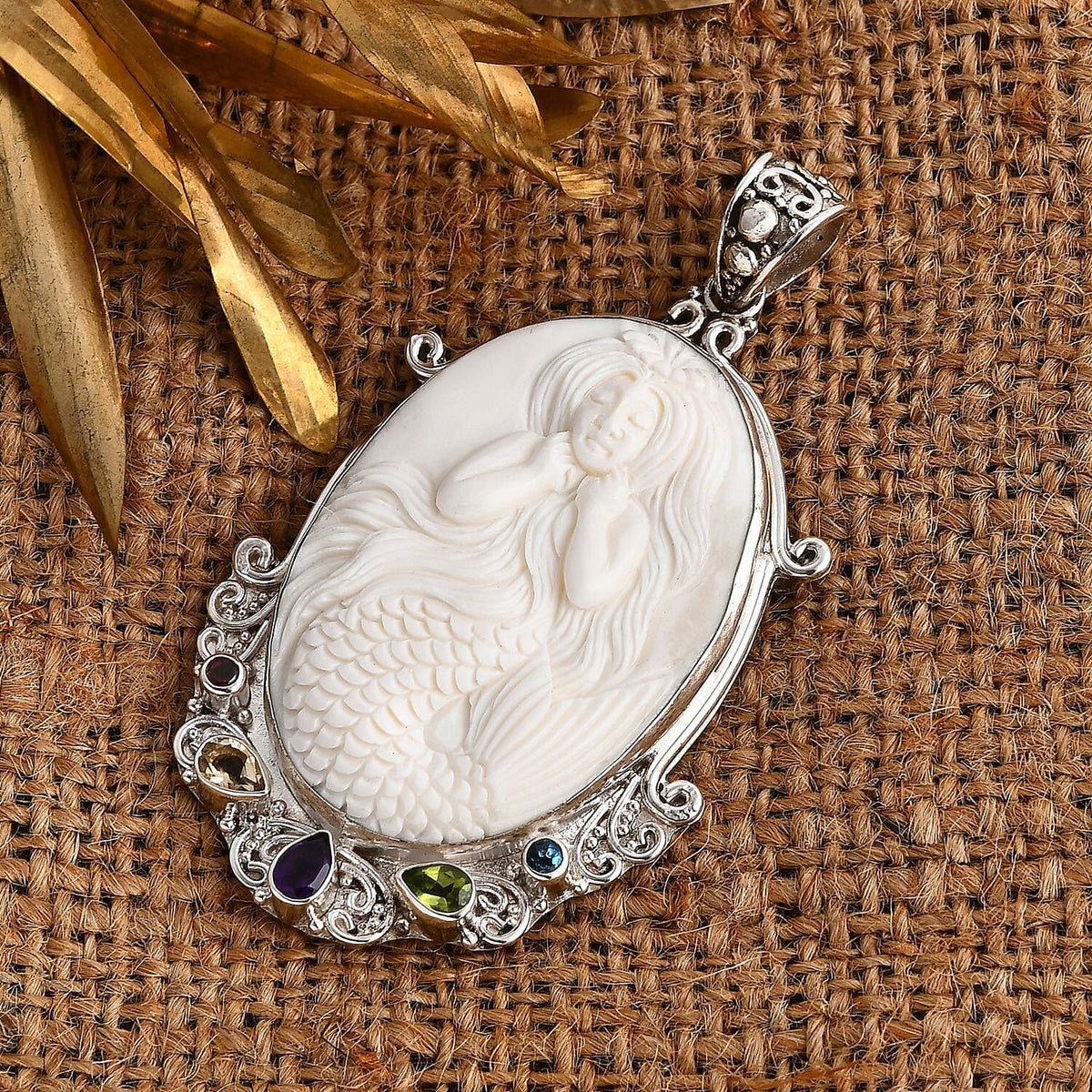 Royal Bali Collection Ox Bone and Multi Gemstones Mermaid Pendant in Sterling Silver 37.02 Ct. 8055628 1
