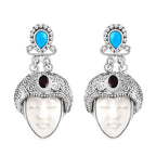 Royal Bali Collection - Ox Bone, Red Garnet & Sleeping Beauty Turquoise Earring with Push Back in Sterling Silver 14.59 Ct, Silver Wt. 18.00 Gms.