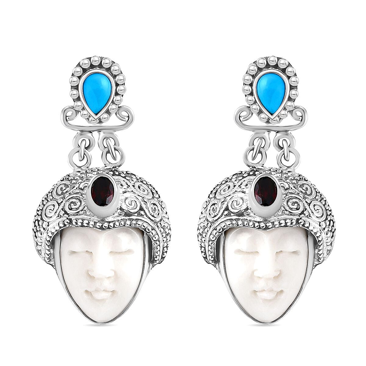 Royal Bali Collection Ox Bone, Red Garnet and Sleeping Beauty Turquoise Earring with Push Back in Sterling Silver 14.59 Ct. 8055631 0