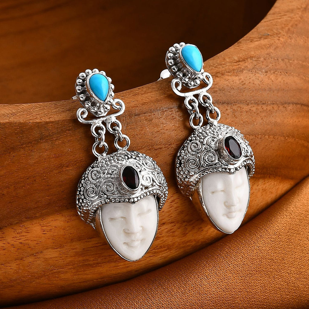 Royal Bali Collection - Ox Bone, Red Garnet & Sleeping Beauty Turquoise Earring with Push Back in Sterling Silver 14.59 Ct, Silver Wt. 18.00 Gms.