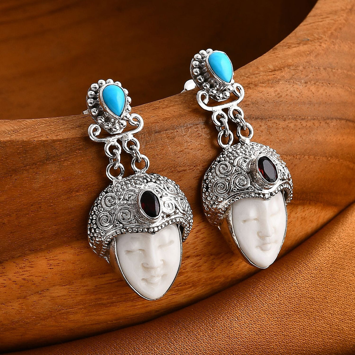 Royal Bali Collection Ox Bone, Red Garnet and Sleeping Beauty Turquoise Earring with Push Back in Sterling Silver 14.59 Ct. 8055631 1