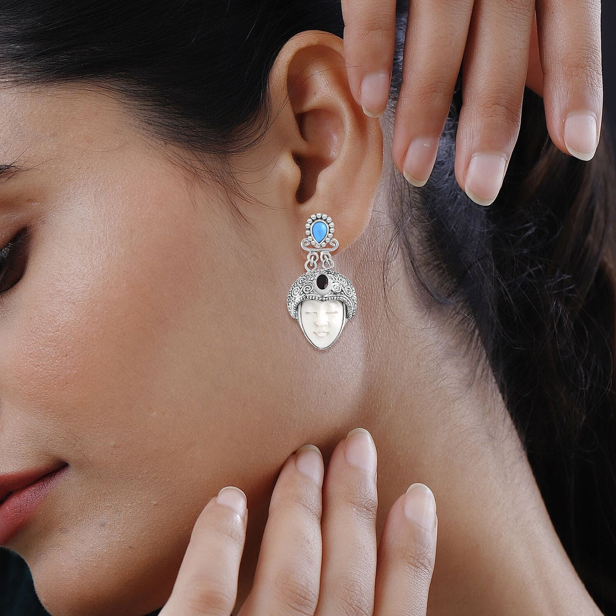 Royal Bali Collection Ox Bone, Red Garnet and Sleeping Beauty Turquoise Earring with Push Back in Sterling Silver 14.59 Ct. 8055631 2
