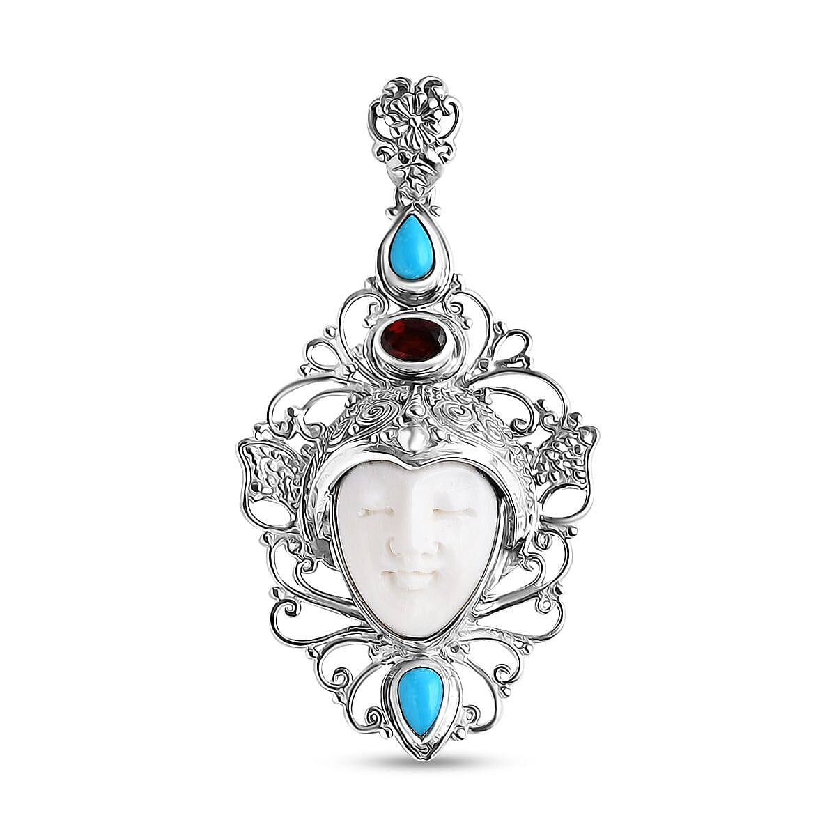 Royal Bali Collection - Ox Bone, Red Garnet &amp; Sleeping Beauty Turquoise Pendant in Sterling Silver 7.43 Ct, Silver wt. 9.30 Gms. 8055629 0